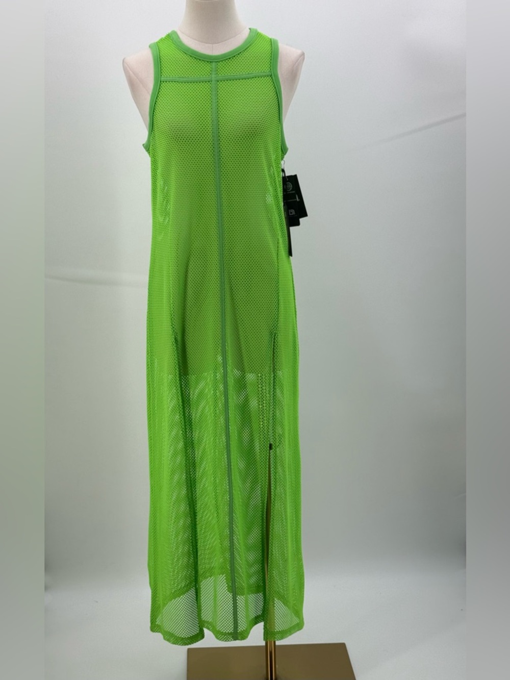 Blanc Noir Taiyo Tunic Dress Neon Green Mesh Sleeveless High Slit Swim Cover-Up - Picture 7 of 9